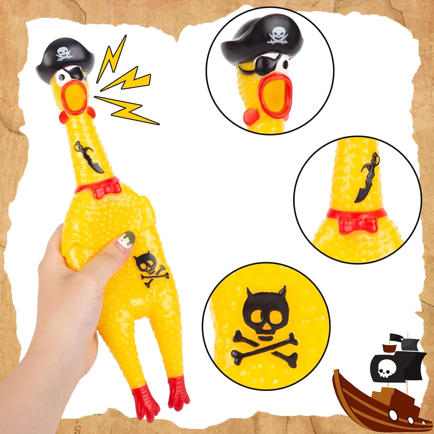 AMOR PRESENT Squeaky Rubber Chicken, Pirate Squeeze Chicken Toy Screaming Rubber Chicken for Halloween Party Gift for Children chew Toy for Pets Prank Novelty Pet Toy-2