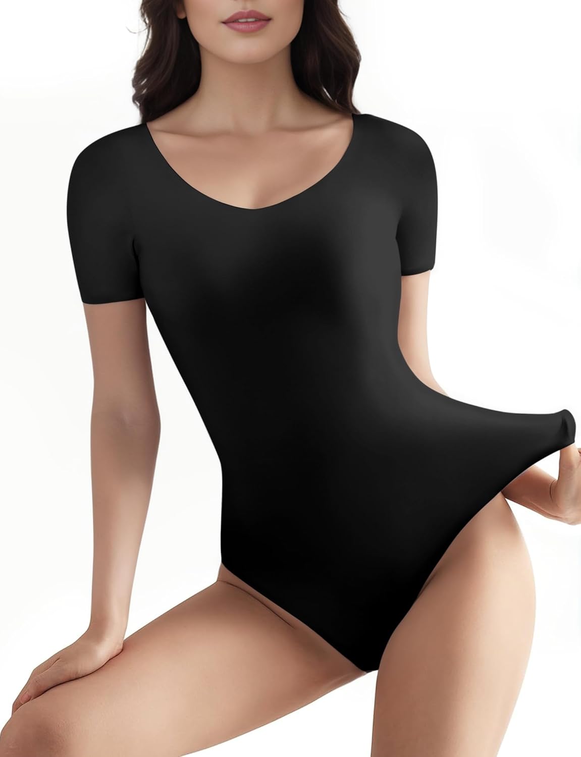 YOGINGO Bodysuits for Womens Crew Neck Short Sleeve Body Suits Tummy Control Compression Shapewear Summer Tops Onesie Shirts-3