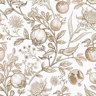 VEELIKE Gold Birds Floral Vinyl Wallpaper, Self Adhesive, Removable, Renter Friendly, 17.7''x354''