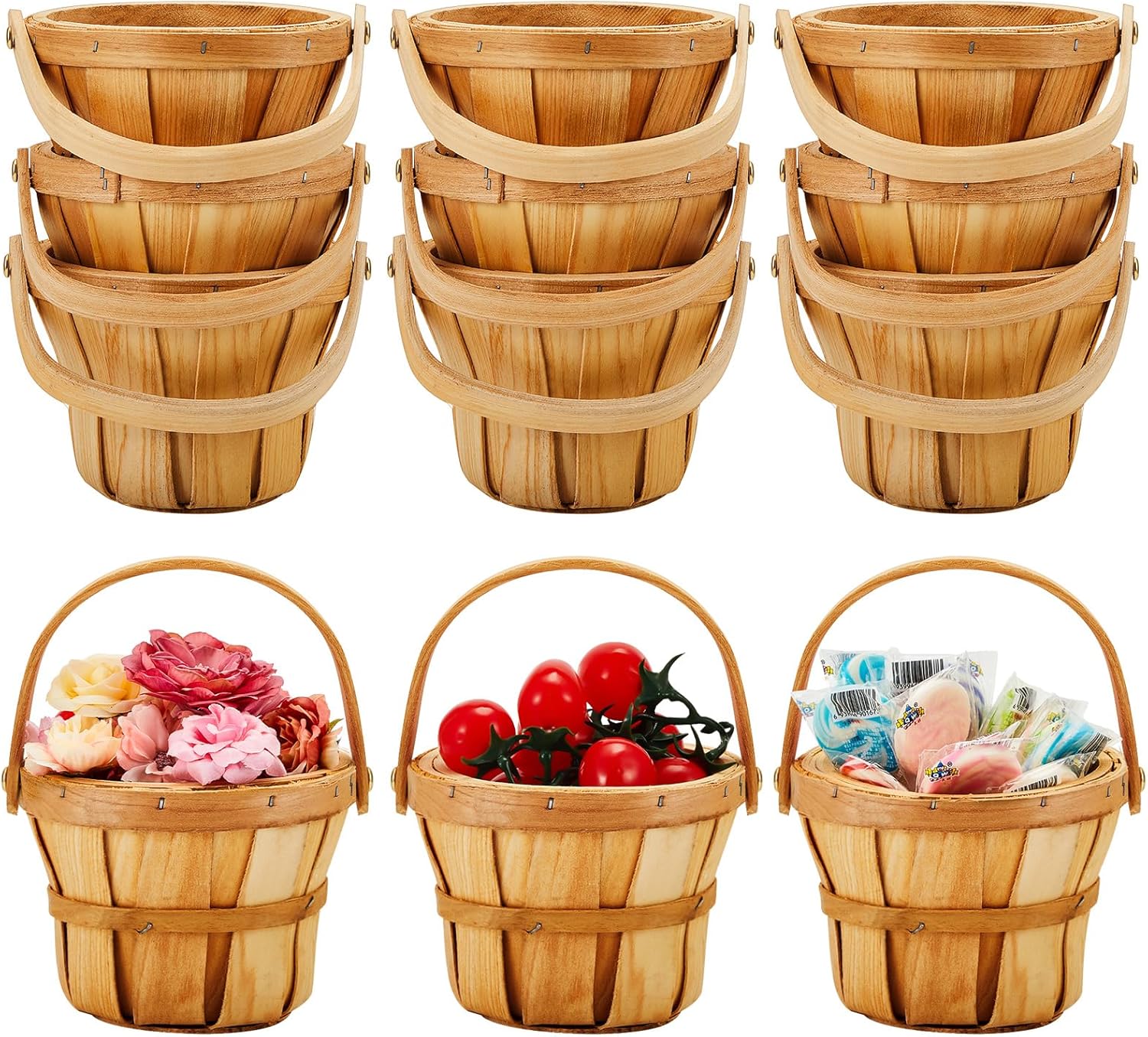 Marsui 10 Pcs Mini Wooden Berry Baskets Bulk for Gifts, Mini Wooden Baskets with Handle for Picking Fruit Flowers Crafts Home Wedding party Farmers Market Decor, Small Apple Strawberry Baskets-0