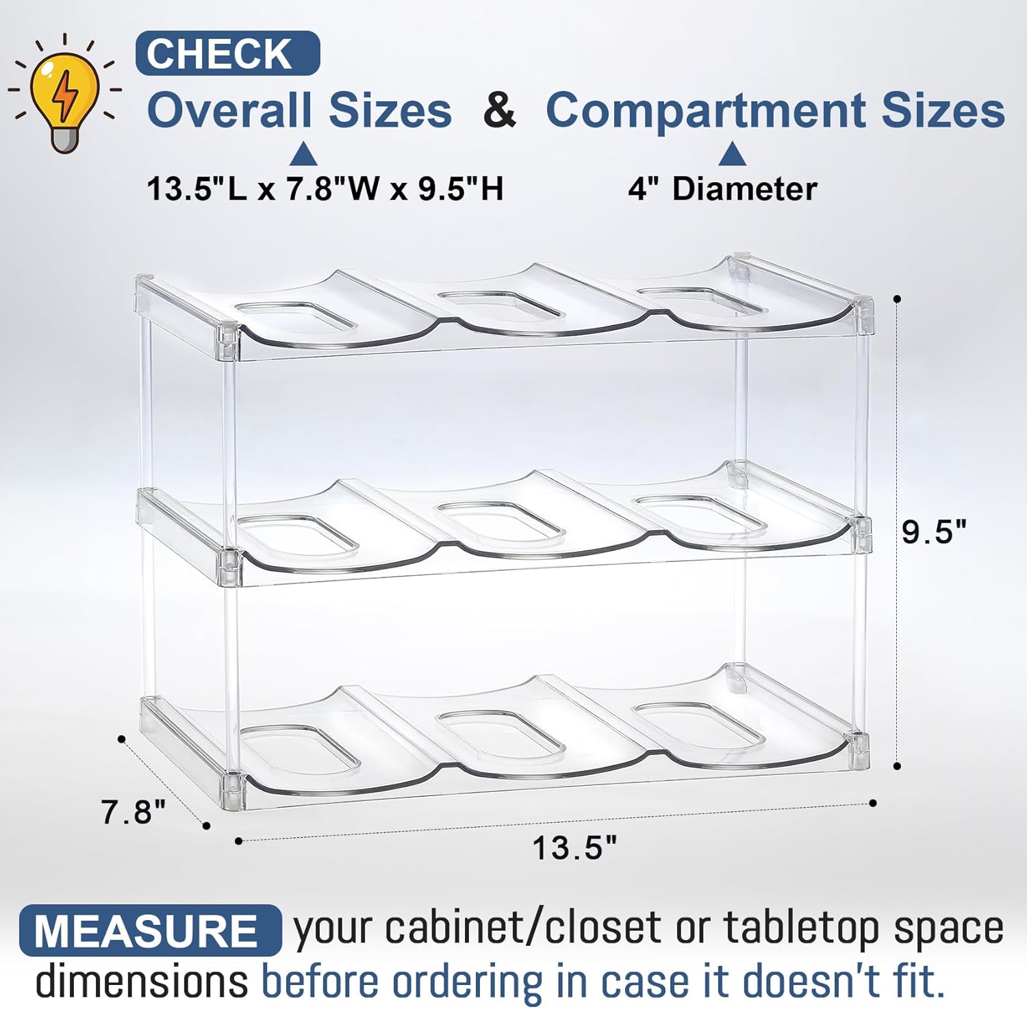 LANDNEOO Stackable Water Bottle Organizer Holder - for Stanley & Others' Large Tumbler Organization - Clear Wine Rack, Bottle Holder for Home Countertop Fridge Pantry Shelf, 3 Tier Hold 9-1