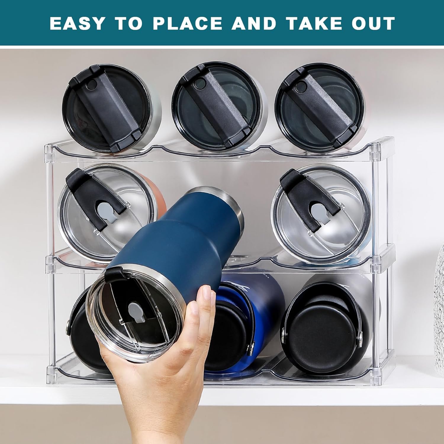 LANDNEOO Stackable Water Bottle Organizer Holder - for Stanley & Others' Large Tumbler Organization - Clear Wine Rack, Bottle Holder for Home Countertop Fridge Pantry Shelf, 3 Tier Hold 9-7