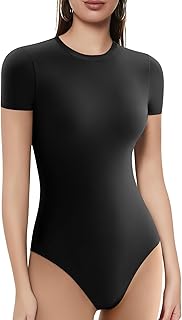 YOGINGO Womens Crew Neck Short Sleeve Bodysuits for Women Double Lined Sexy Going Out Thong Body Suits Tops Shirts Clothing