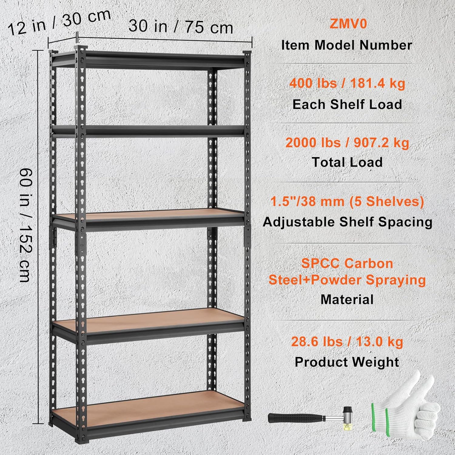 VEVOR Storage Shelving Unit, 5-Tier Adjustable, 2000 lbs Capacity, Heavy Duty Garage Shelves Metal Organizer Utility Rack, Black, 30" L x 12" W x 60" H for Kitchen Pantry Basement Bathroom Laundry-2