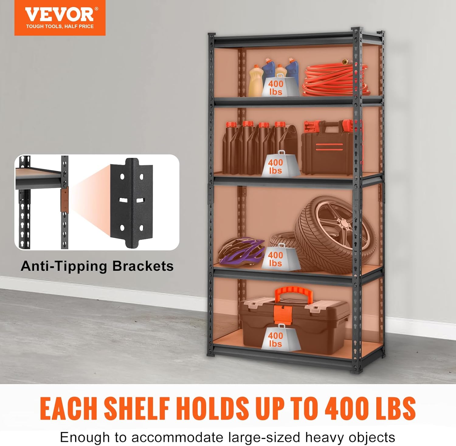 VEVOR Storage Shelving Unit, 5-Tier Adjustable, 2000 lbs Capacity, Heavy Duty Garage Shelves Metal Organizer Utility Rack, Black, 30" L x 12" W x 60" H for Kitchen Pantry Basement Bathroom Laundry-3