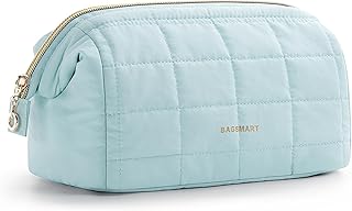 BAGSMART Makeup Bag Travel Toiletry Bag, Puffy Padded Make Up Bags for Women Makeup Organizer Case, Wide-open Pouch Purse Travel Essentials Toiletries Accessories Brushes, Light Blue