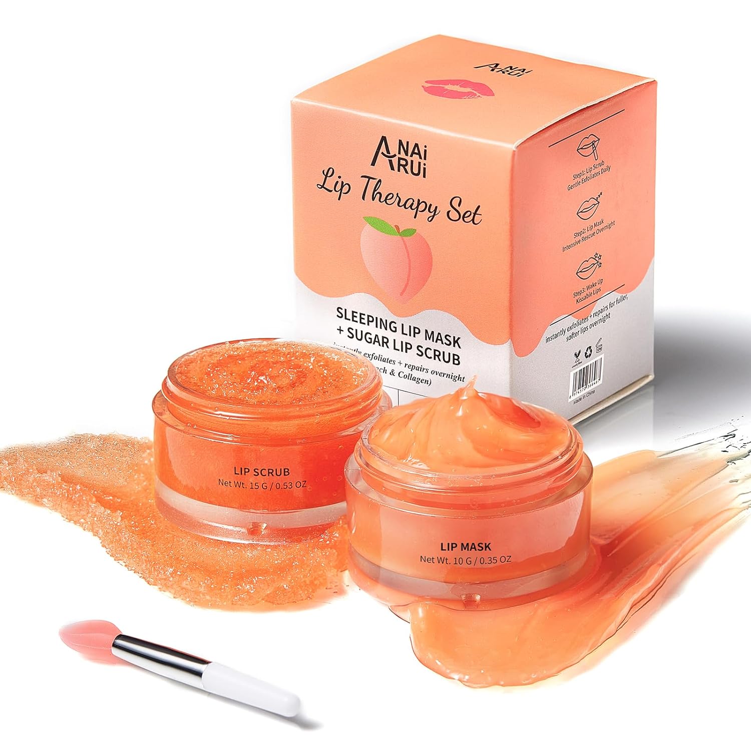 ANAI RUI Lip Balm Mask & Lip Scrub Set, Lip Care Kit, Overnight Lip Treatment with Lip Sleeping Mask & Sugar Lip Exfoliator Scrub, Lip Moisturizer for Dry, Chapped, Dark Lips, Reduce Fine Lines, Peach-0