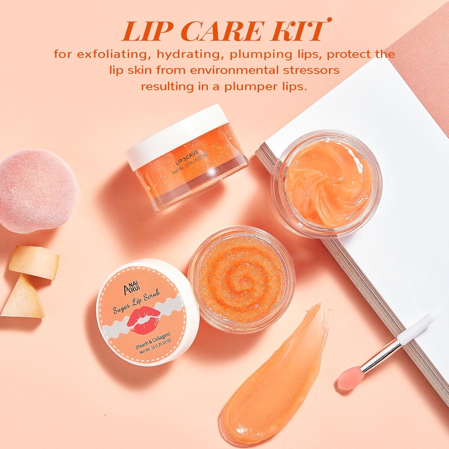 ANAI RUI Lip Balm Mask & Lip Scrub Set, Lip Care Kit, Overnight Lip Treatment with Lip Sleeping Mask & Sugar Lip Exfoliator Scrub, Lip Moisturizer for Dry, Chapped, Dark Lips, Reduce Fine Lines, Peach-6