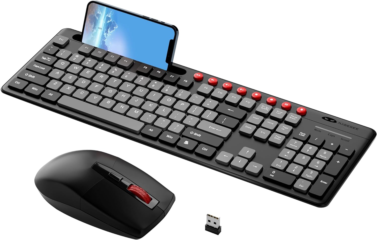 Wireless Keyboard and Mouse Combo, MageGee 2.4G Full-Sized Silent Cordless Keyboard with Phone Holder & 8 Independent Shortcuts, 3 Speed Adjustable Lag-Free Wireless Mouse for Computer/Laptop/PC-0