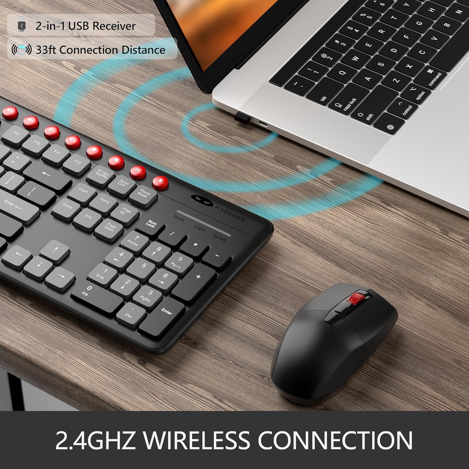 Wireless Keyboard and Mouse Combo, MageGee 2.4G Full-Sized Silent Cordless Keyboard with Phone Holder & 8 Independent Shortcuts, 3 Speed Adjustable Lag-Free Wireless Mouse for Computer/Laptop/PC-1