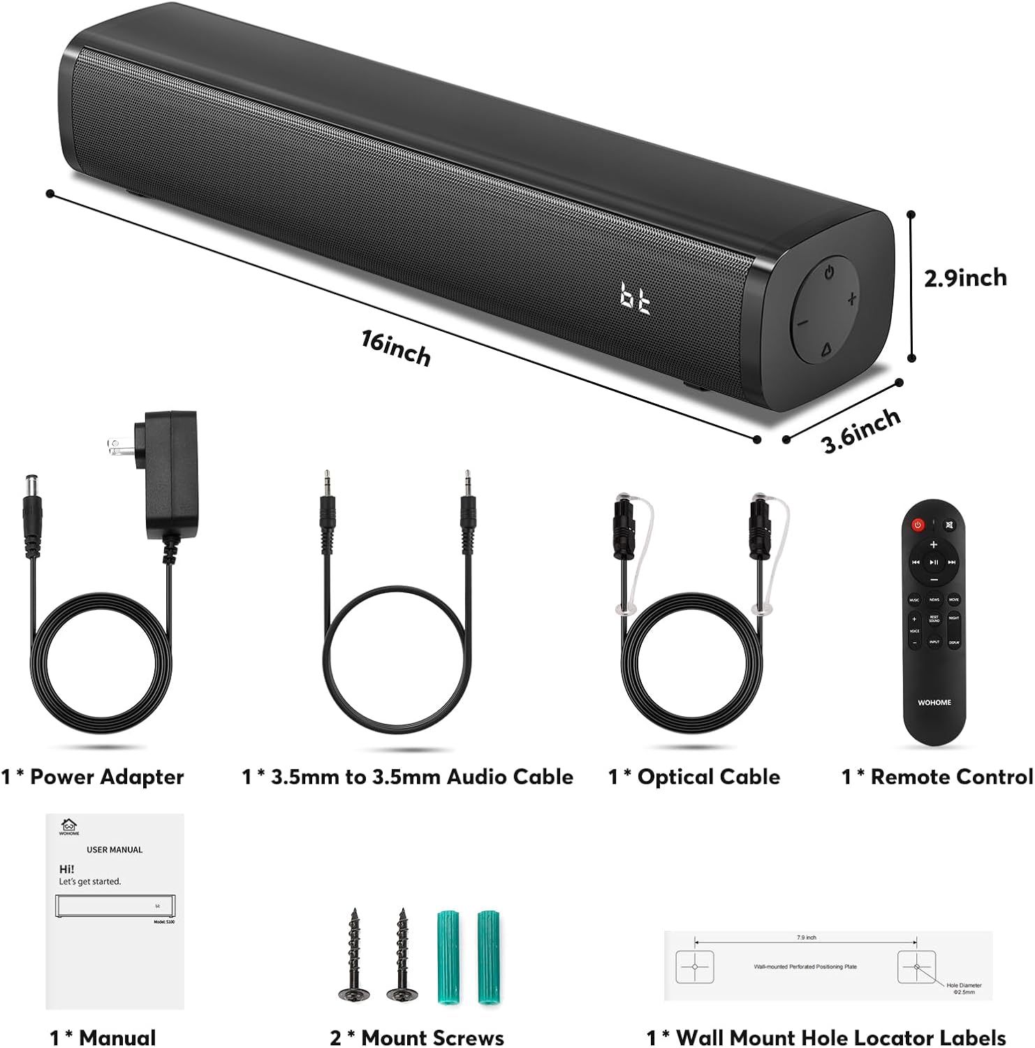 Wohome 2.1ch Small Sound Bars for TV with 6 Levels Voice Enhancement, Built-in Subwoofer, 16 Inches Bluetooth Soundbar Speakers with Optical/AUX/USB Connection, S100 (Pure Black)-6