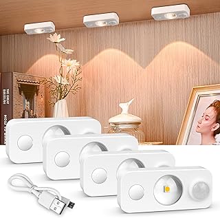 inShareplus 4 Pack LED Under Motion Sensor Cabinet Light, Dimmable & Wireless, 90LM 3500K Warm White Night Lights, Portable Design with USB Rechargeable Battery, Lighting for Kitchen Closet Camping