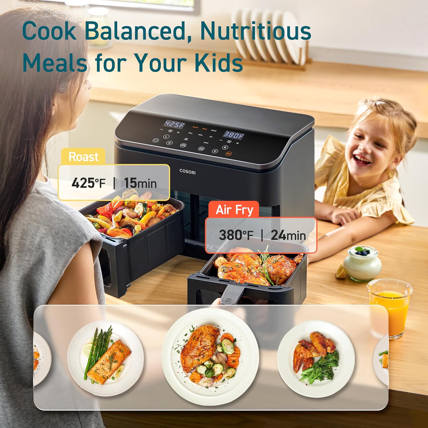 COSORI 9Qt 10-in-1 Dual Air Fryer, Fresh Balanced Meals for Family and Children with Double Baskets, Sync Cook & Finish to Bake, Roast, Reheat, Broil & 130 Recipes for Easy Cooking, Dishwasher Safe-1