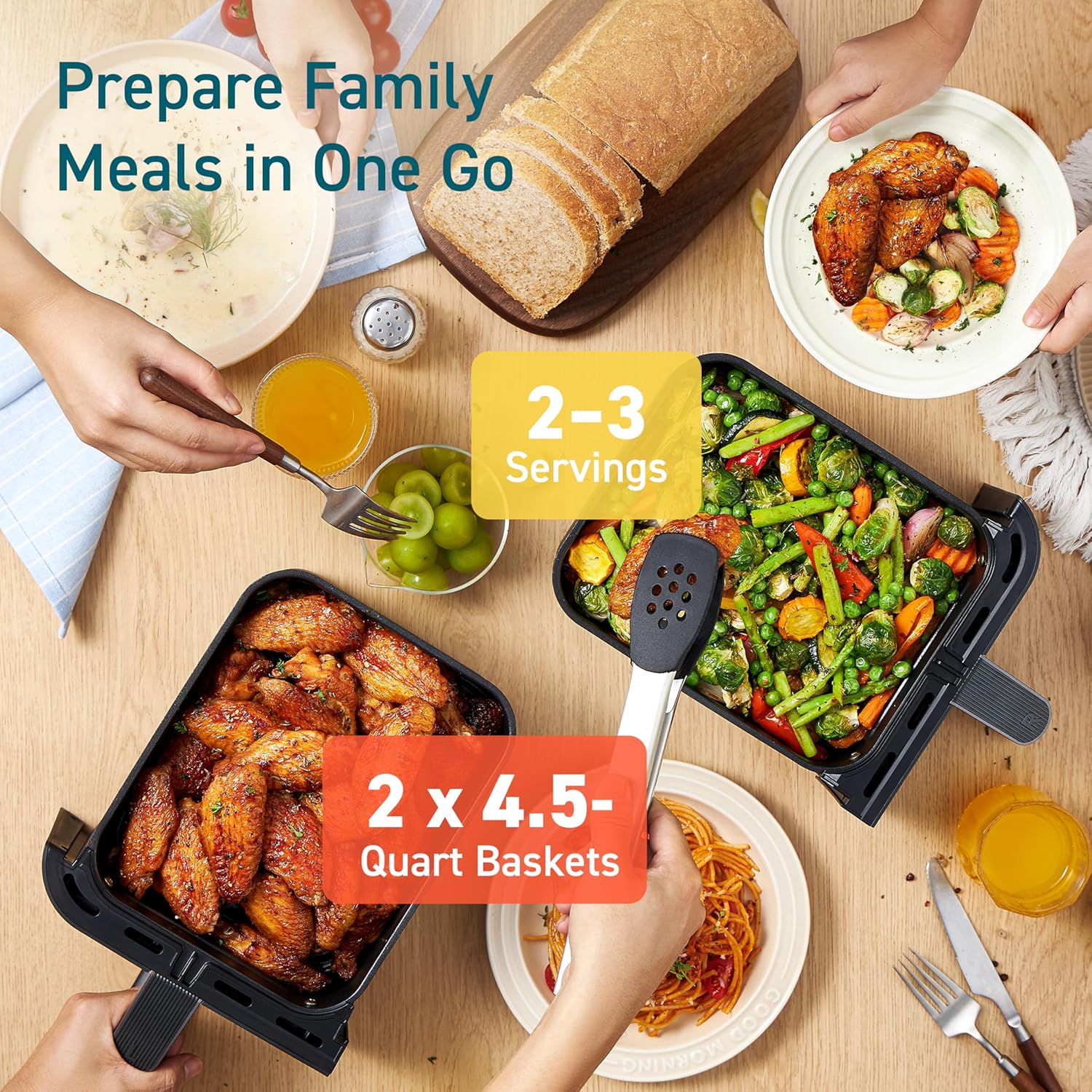 COSORI 9Qt 10-in-1 Dual Air Fryer, Fresh Balanced Meals for Family and Children with Double Baskets, Sync Cook & Finish to Bake, Roast, Reheat, Broil & 130 Recipes for Easy Cooking, Dishwasher Safe-5