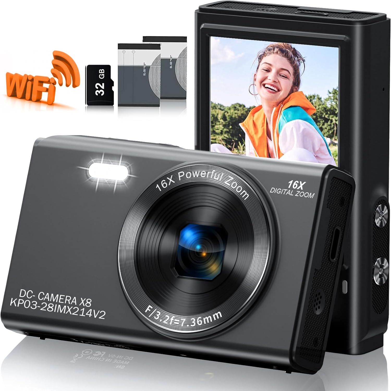 Digital Camera, Saneen 4K WiFi Kids Cameras for Photography, Compact Camera with 32GB Card, 16X Digital Zoom, 2.8" Big Screen, 2 Rechargeable Batteries, 4K 2.7K 1080P & 64MP 48MP 30MP-Black-0