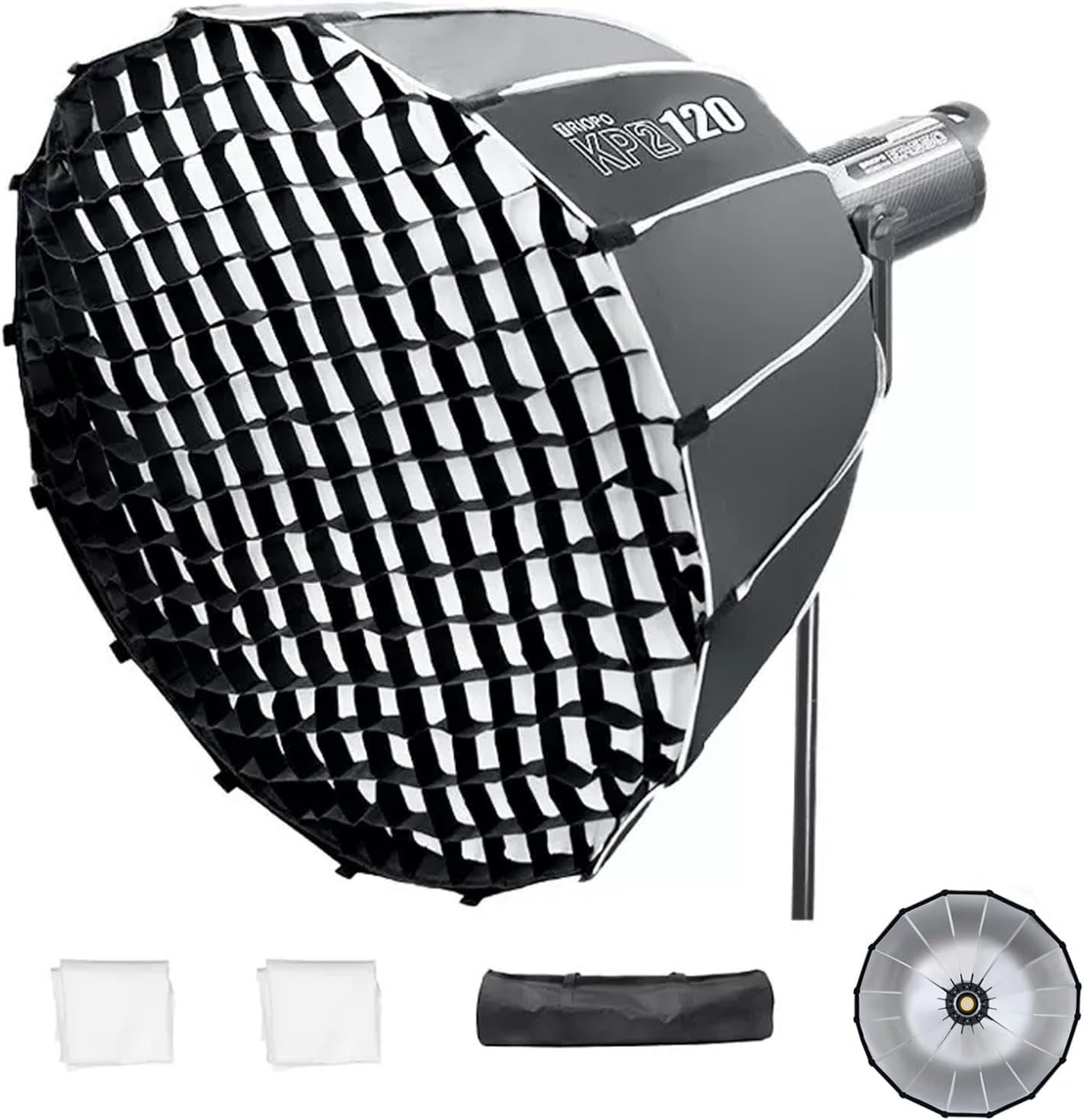 Triopo 47.2inch/120cm Parabolic Softbox Bowens Mount Soft Boxes with Honeycomb Grid, Quick Set up Quick Folding, Compatible with Aputure 120d Light Dome Godox SL60w NEEWER RGB CB60 Bowens Mount Lights-0