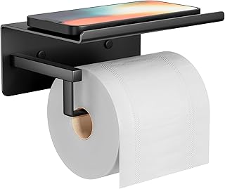 Adhesive Toilet Paper Holder - Wall-Mounted Toilet Paper Roll Holder with Phone Shelf, Rustproof No Nail Toilet Roll Holder with Shelf, Toilet Tissue Holder, Black