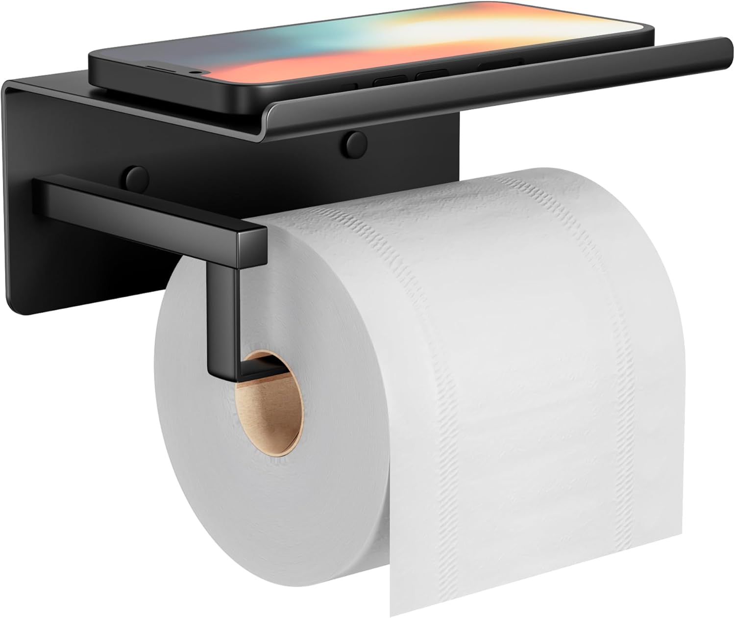 Adhesive Toilet Paper Holder - Wall-Mounted Toilet Paper Roll Holder with Phone Shelf, Rustproof No Nail Toilet Roll Holder with Shelf, Toilet Tissue Holder, Black-0