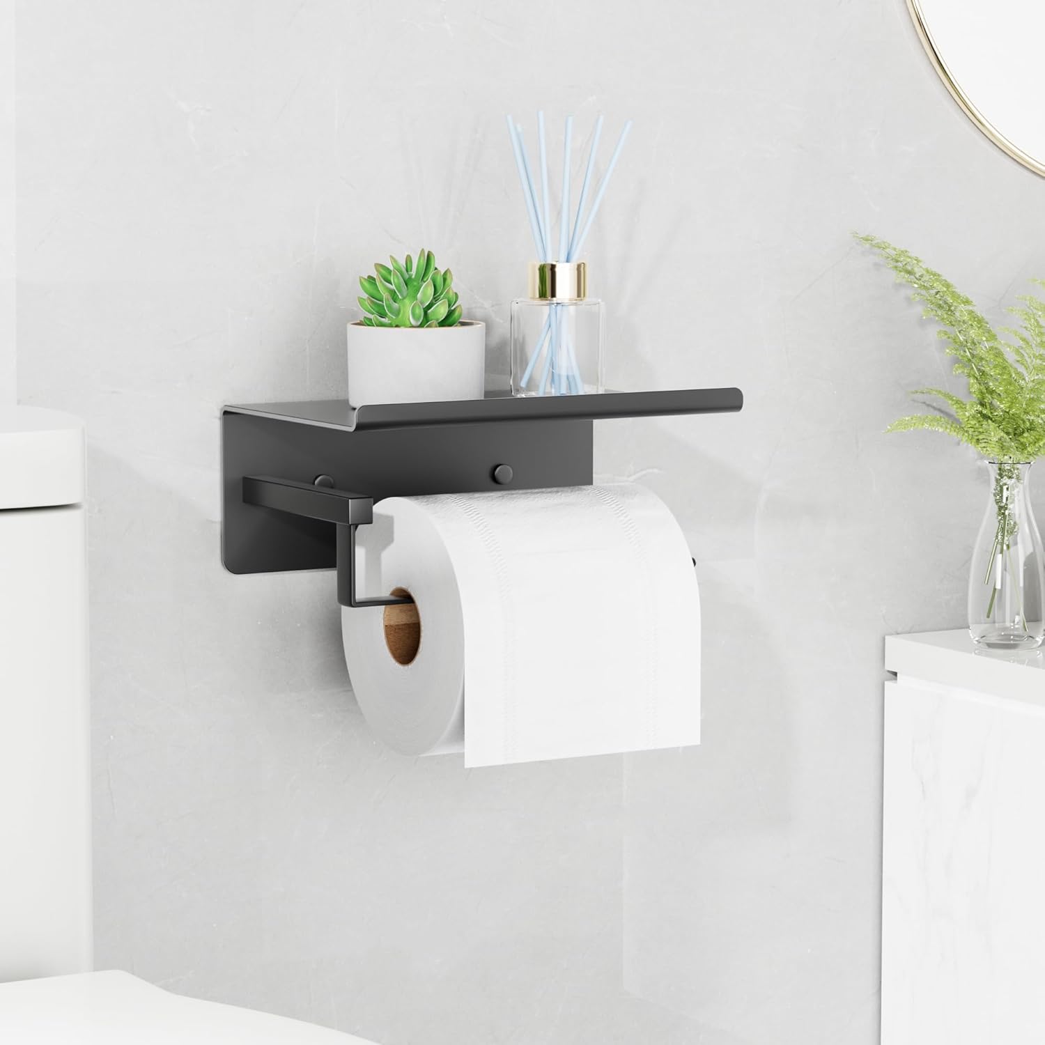 Adhesive Toilet Paper Holder - Wall-Mounted Toilet Paper Roll Holder with Phone Shelf, Rustproof No Nail Toilet Roll Holder with Shelf, Toilet Tissue Holder, Black-1