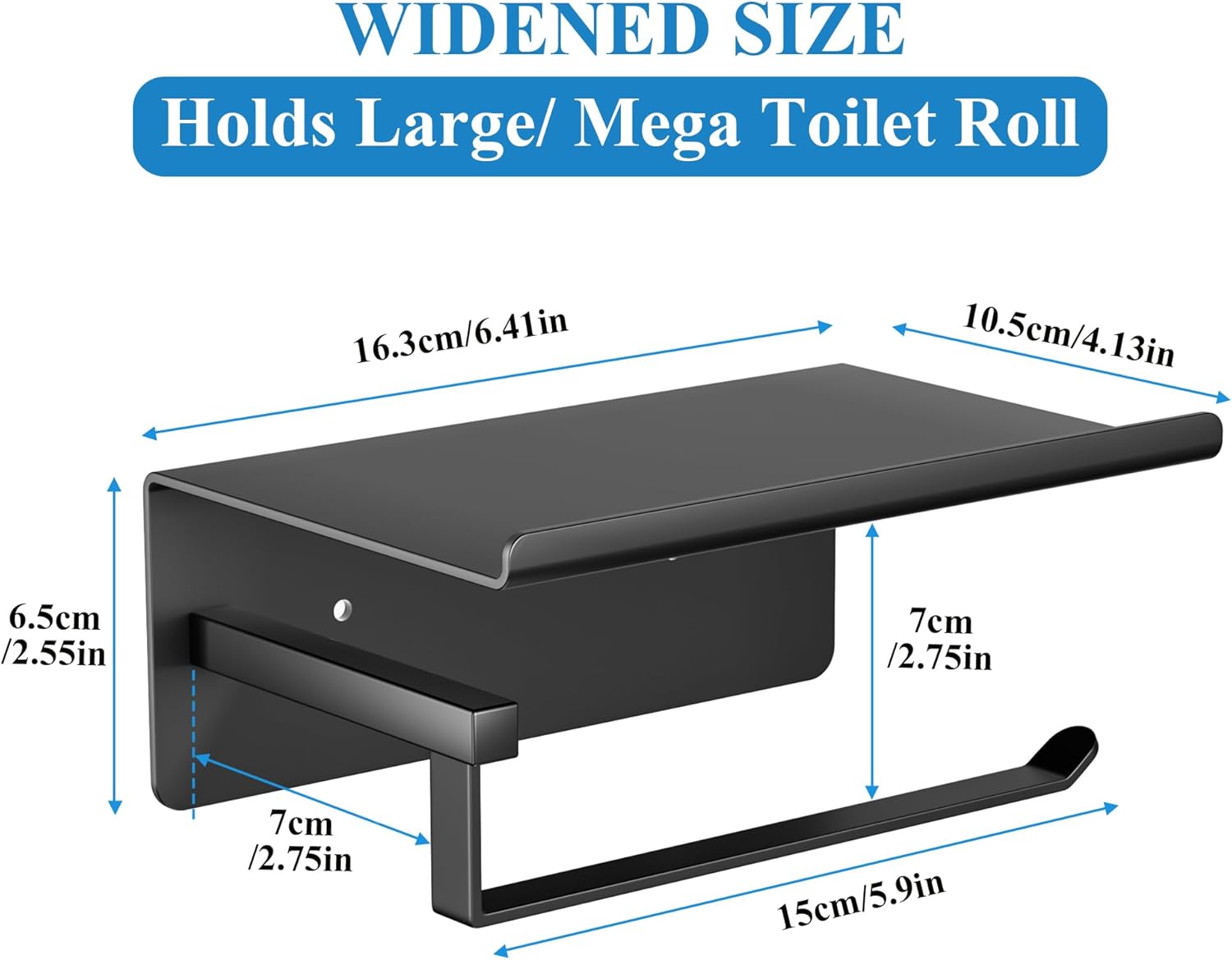 Adhesive Toilet Paper Holder - Wall-Mounted Toilet Paper Roll Holder with Phone Shelf, Rustproof No Nail Toilet Roll Holder with Shelf, Toilet Tissue Holder, Black-5