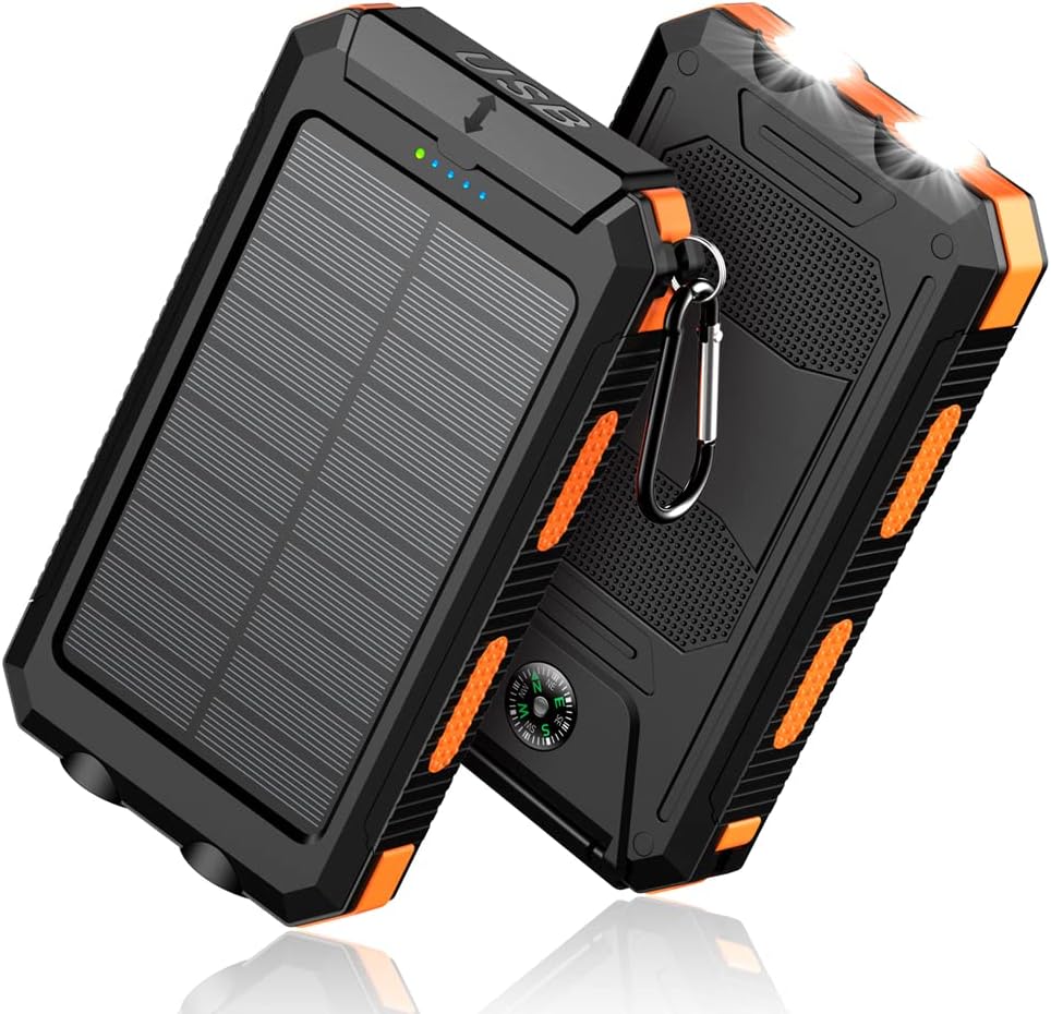 Feeke Solar-Charger-Power-Bank - 36800mAh Portable Charger,QC3.0 Fast Charger Dual USB Port Built-in Led Flashlight and Compass for All Cell Phone and Electronic Devices (Orange)-0