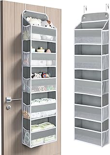 Yecaye 1 Pc Over The Door Organizer with 5 Bins 10 Side Pockets, 44lbs Load Hanging Bathroom Organizer, No Tilt Closet Organizers and Storage for Bedroom, Baby Organizer for Extra Storage, Grey