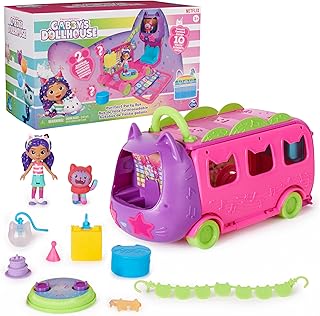 Gabby's Dollhouse Celebration Party Bus, Transforming Playset with Gabby & DJ Catnip Toy Figures & Dollhouse Accessories, Kids Toys for Ages 3 and Up