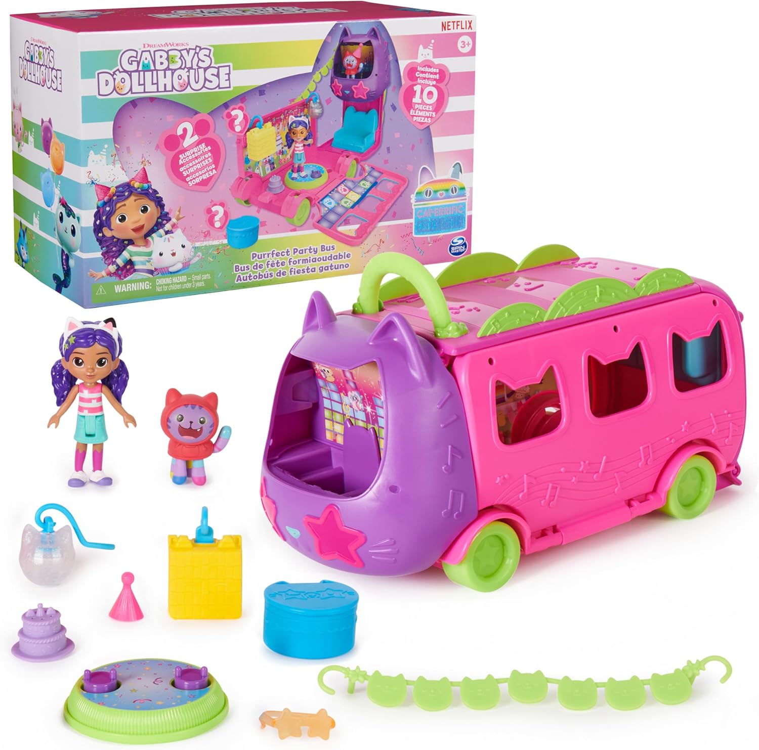 Gabby's Dollhouse Celebration Party Bus, Transforming Playset with Gabby & DJ Catnip Toy Figures & Dollhouse Accessories, Kids Toys for Ages 3 and Up-0