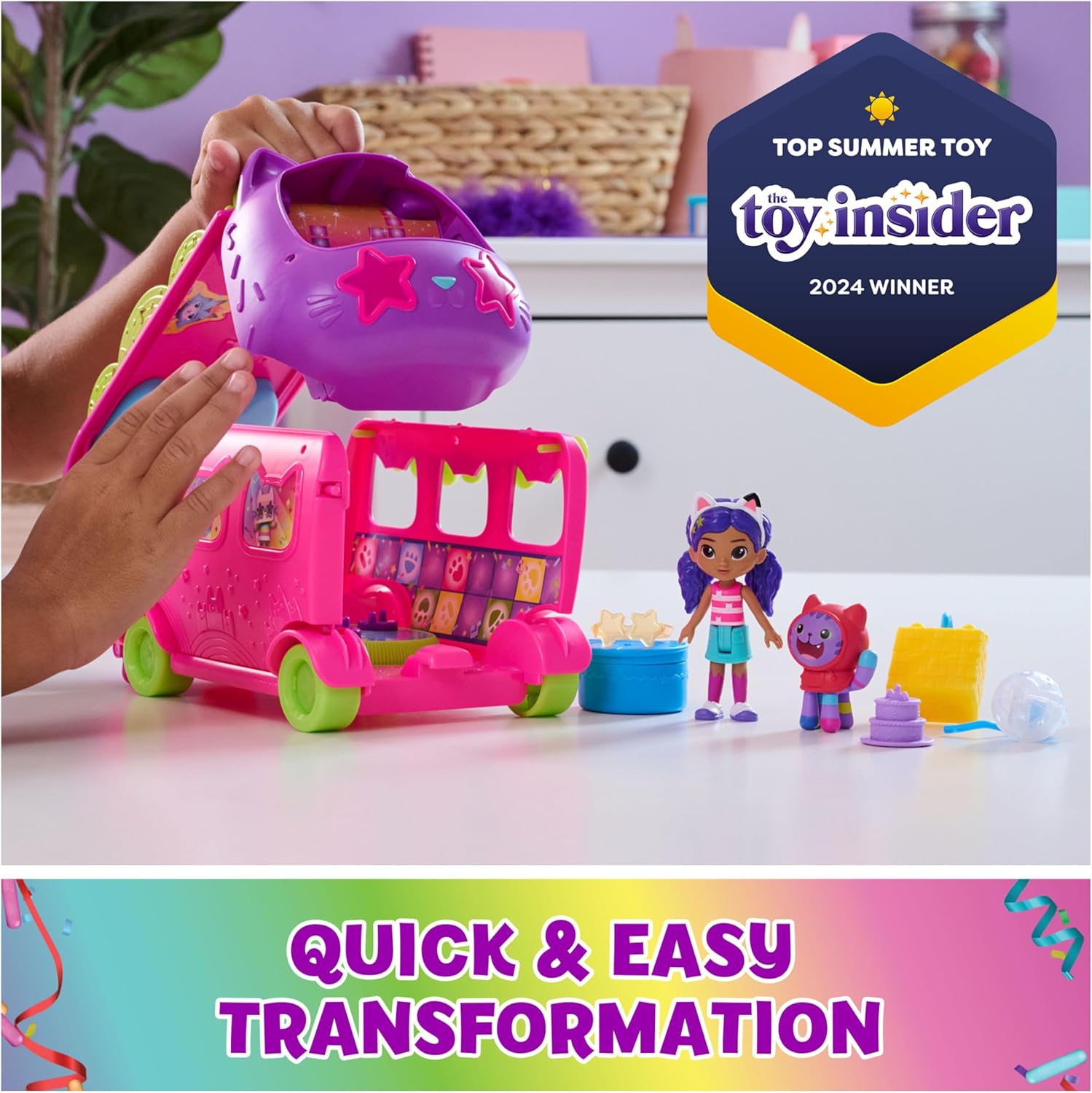 Gabby's Dollhouse Celebration Party Bus, Transforming Playset with Gabby & DJ Catnip Toy Figures & Dollhouse Accessories, Kids Toys for Ages 3 and Up-1