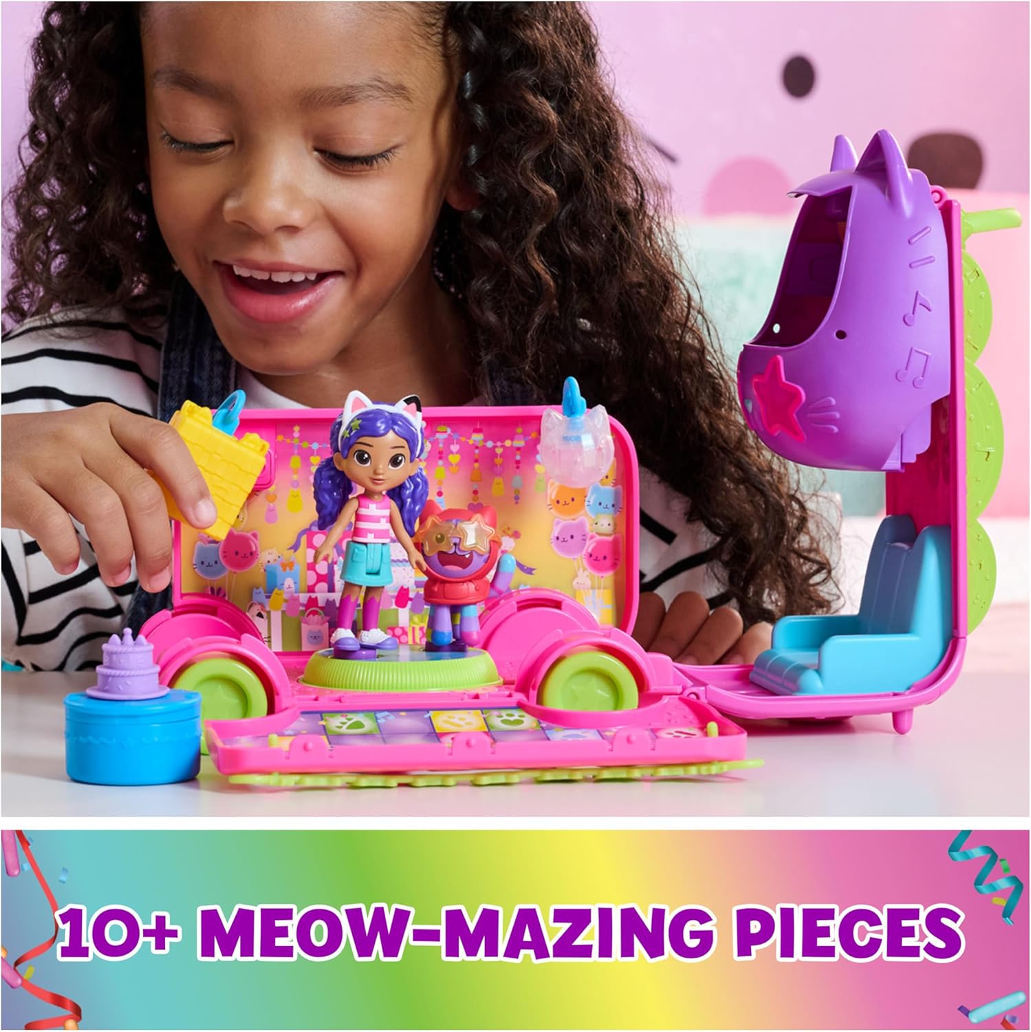 Gabby's Dollhouse Celebration Party Bus, Transforming Playset with Gabby & DJ Catnip Toy Figures & Dollhouse Accessories, Kids Toys for Ages 3 and Up-2