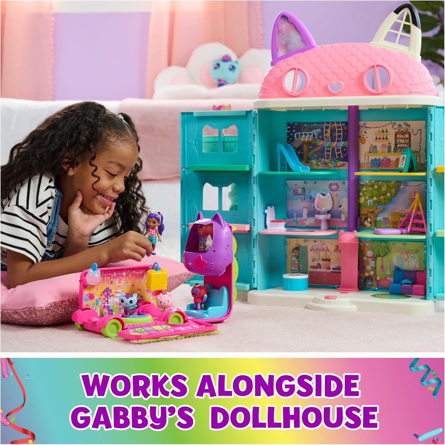 Gabby's Dollhouse Celebration Party Bus, Transforming Playset with Gabby & DJ Catnip Toy Figures & Dollhouse Accessories, Kids Toys for Ages 3 and Up-4