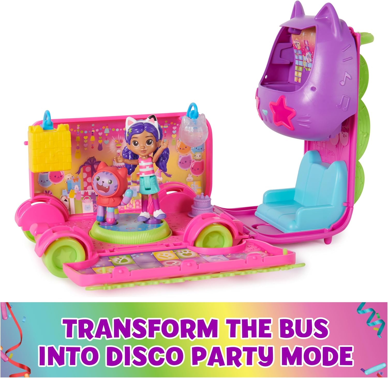 Gabby's Dollhouse Celebration Party Bus, Transforming Playset with Gabby & DJ Catnip Toy Figures & Dollhouse Accessories, Kids Toys for Ages 3 and Up-5