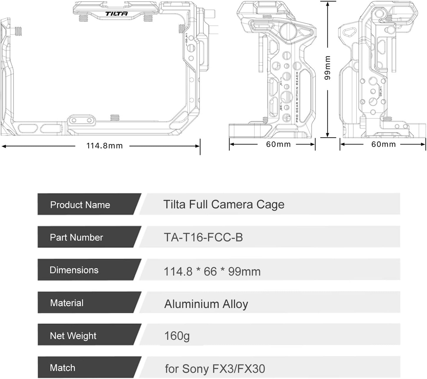 Tilta Full Camera Cage for FX3/FX30 V2 | Top Plate NATO Rail, Cold Shoe, 1/4""-20 and 3/8""-16 | Thumb Screw Design | Black-2