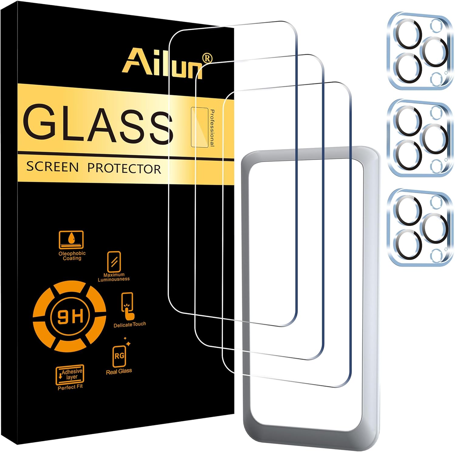 Ailun 3 Pack Screen Protector for iPhone 15 Pro Max [6.7 inch] + 3 Pack Camera Lens Protector with Installation Frame,Sensor Protection,Dynamic Island Compatible,Case Friendly Tempered Glass Film-0