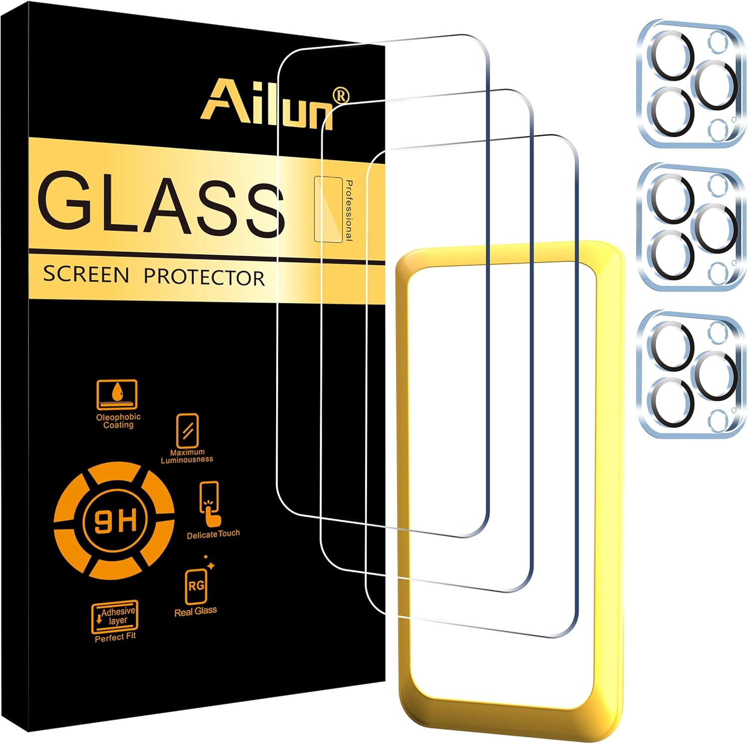 Ailun 3 Pack Screen Protector for iPhone 15 Pro [6.1 inch] + 3 Pack Camera Lens Protector with Installation Frame,Case Friendly Tempered Glass Film,[9H Hardness] - HD [6 Pack]-0