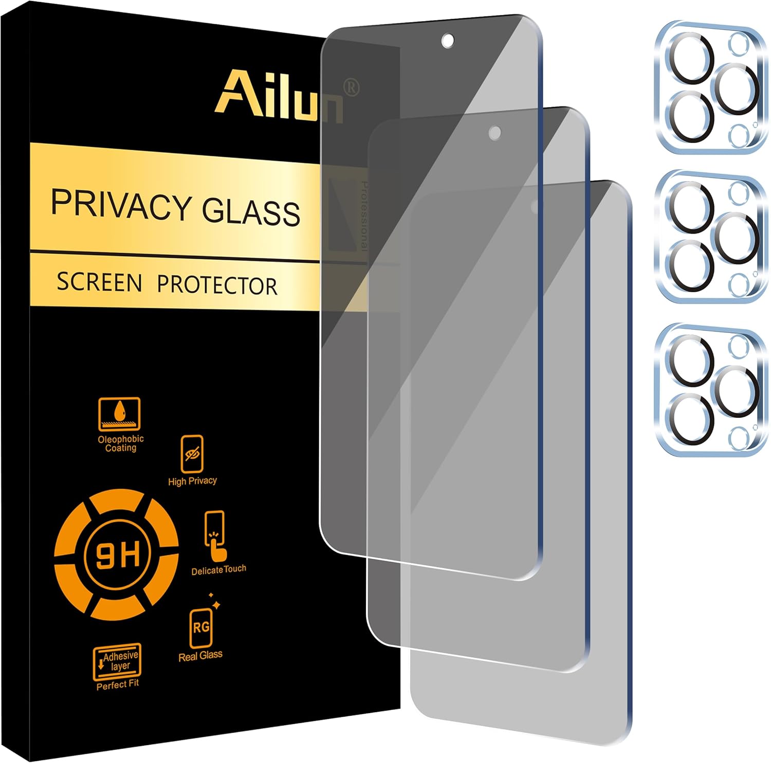 Ailun 3Pack Privacy Screen Protector for iPhone 15 Pro Max [6.7 inch]+3Pack Camera Lens Protector,Sensor Protection,Dynamic Island Compatible,Anti Spy Tempered Glass[9H Hardness]-HD[6 Pack]-0