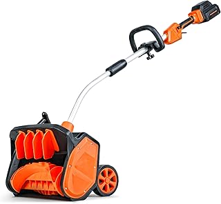 SuperHandy Electric Snow Thrower Adjustable Angle 17" Clearing Width 5.7" Intake Height 23' ft Throw Curved Serrated Blade 48V-2Ah Battery Portable Wheels Easy Maneuver Safety Switches Comfort Handle