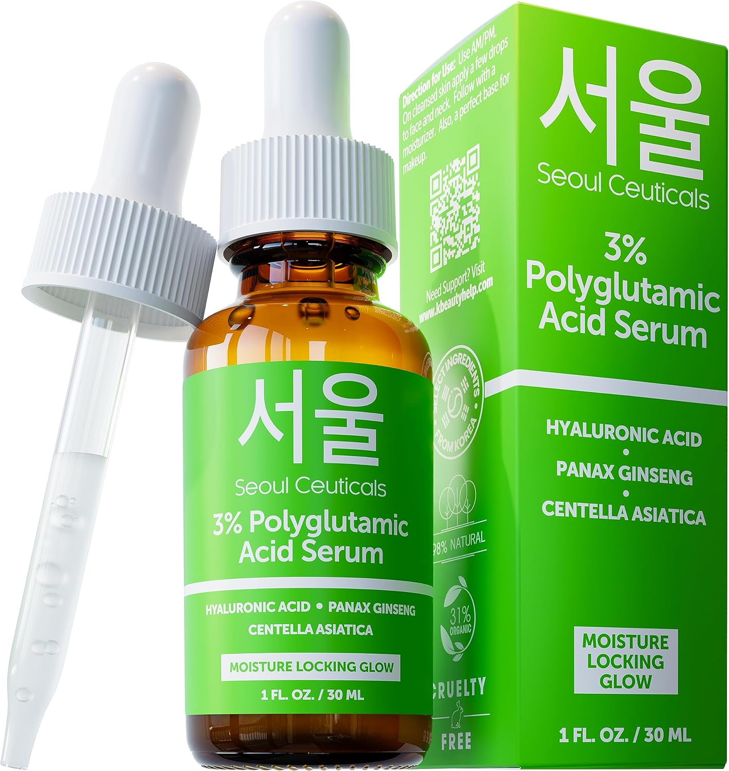 SeoulCeuticals Organic Polyglutamic Acid Serum - Korean Skin Care + Hyaluronic Acid + Centella Asiatica - K Beauty Anti Aging - Healthy Glowing Skin 1oz-0