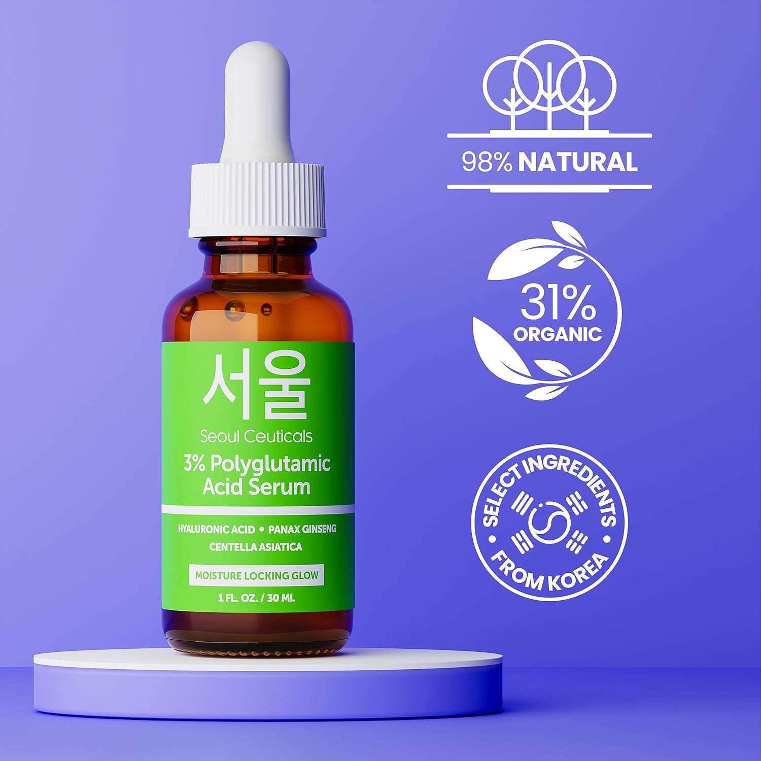 SeoulCeuticals Organic Polyglutamic Acid Serum - Korean Skin Care + Hyaluronic Acid + Centella Asiatica - K Beauty Anti Aging - Healthy Glowing Skin 1oz-2