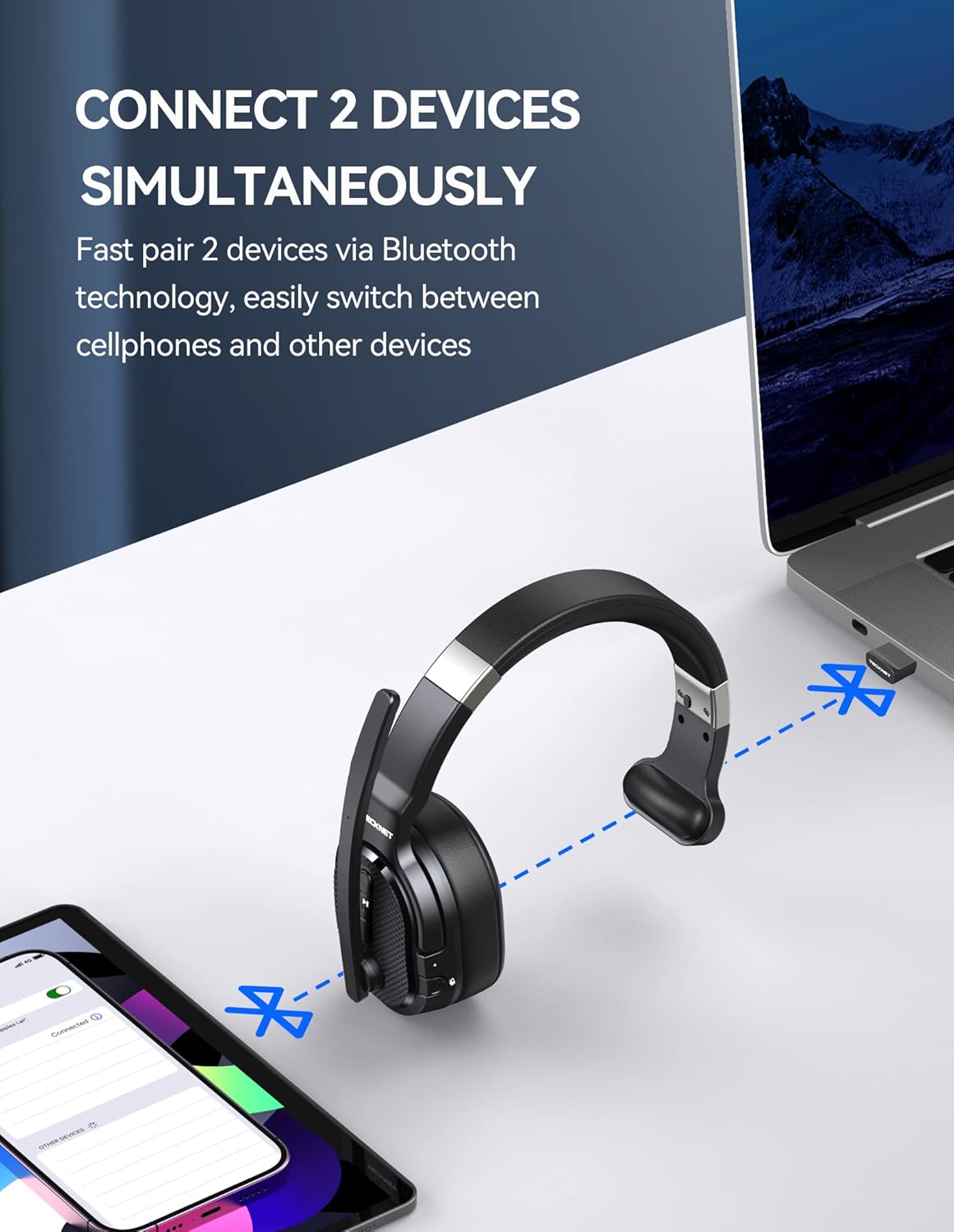 TECKNET Trucker Bluetooth Headset, AI Noise Canceling 70h Wireless Headphones Bluetooth with Microphone & Dongle, ENC Bluetooth Headset with Mute for PC Phone Laptop Office Home, All Day Comfort-3