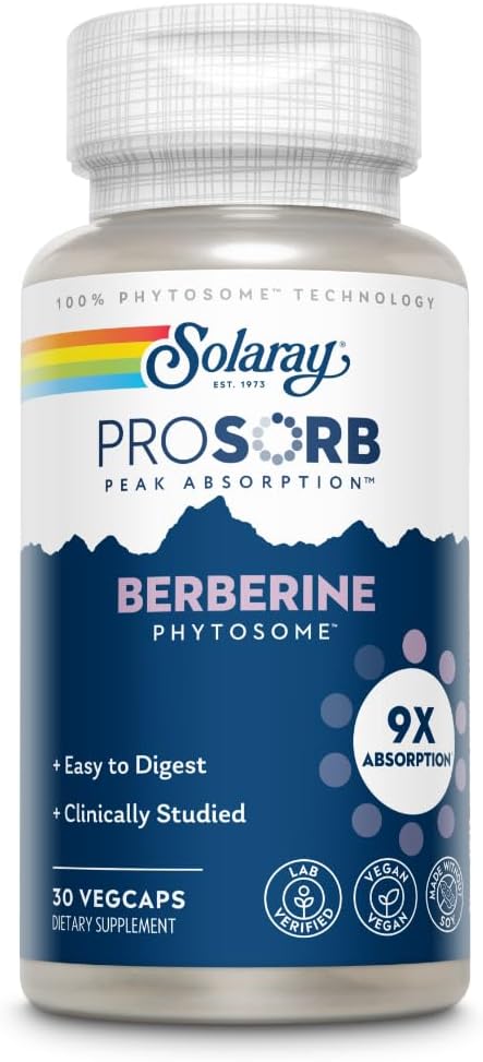 Solaray Berberine Phytosome - 9X Absorption and Easy-to-Digest - Standardized to 30% Berberine HCl - Vegan, Made Without Soy - 60-Day Guarantee - 30 Servings, 30 VegCaps-0