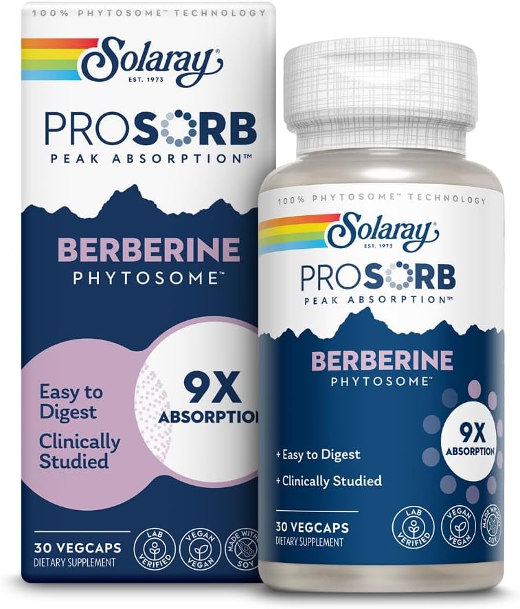 Solaray Berberine Phytosome - 9X Absorption and Easy-to-Digest - Standardized to 30% Berberine HCl - Vegan, Made Without Soy - 60-Day Guarantee - 30 Servings, 30 VegCaps-1