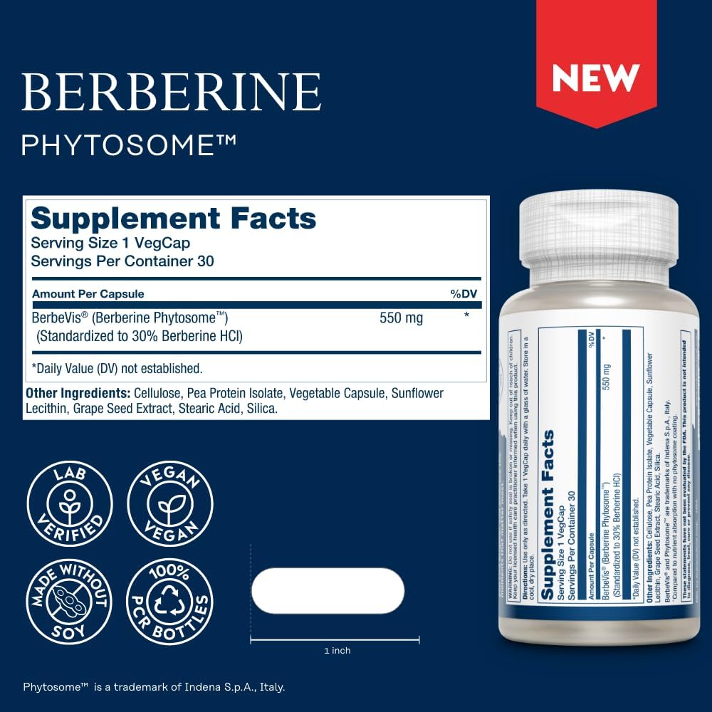 Solaray Berberine Phytosome - 9X Absorption and Easy-to-Digest - Standardized to 30% Berberine HCl - Vegan, Made Without Soy - 60-Day Guarantee - 30 Servings, 30 VegCaps-2