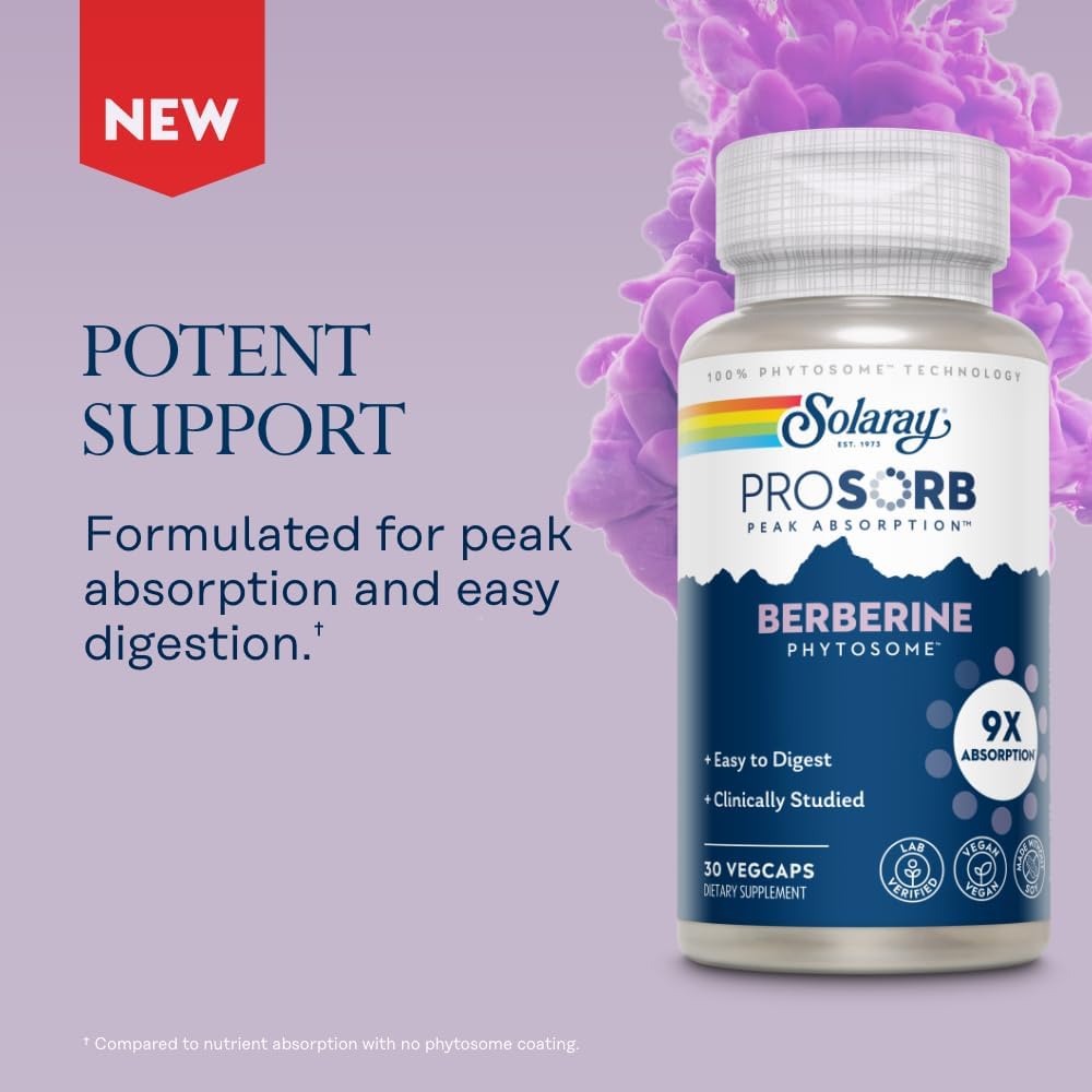 Solaray Berberine Phytosome - 9X Absorption and Easy-to-Digest - Standardized to 30% Berberine HCl - Vegan, Made Without Soy - 60-Day Guarantee - 30 Servings, 30 VegCaps-5