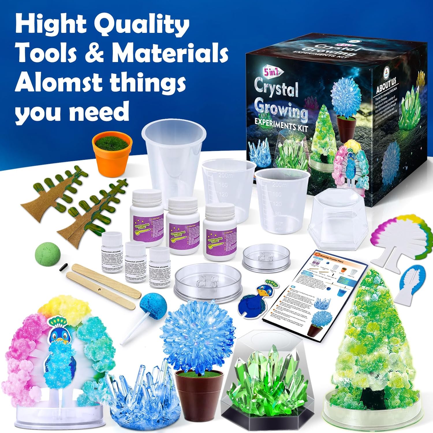 UNGLINGA Crystal Growing Experiment Science Kits for Kids, S.T.E.M Projects Learning Educational Toys Gifts Idea for Boys Girls, Grow 5 Vibrant Crystals Making Kit-2