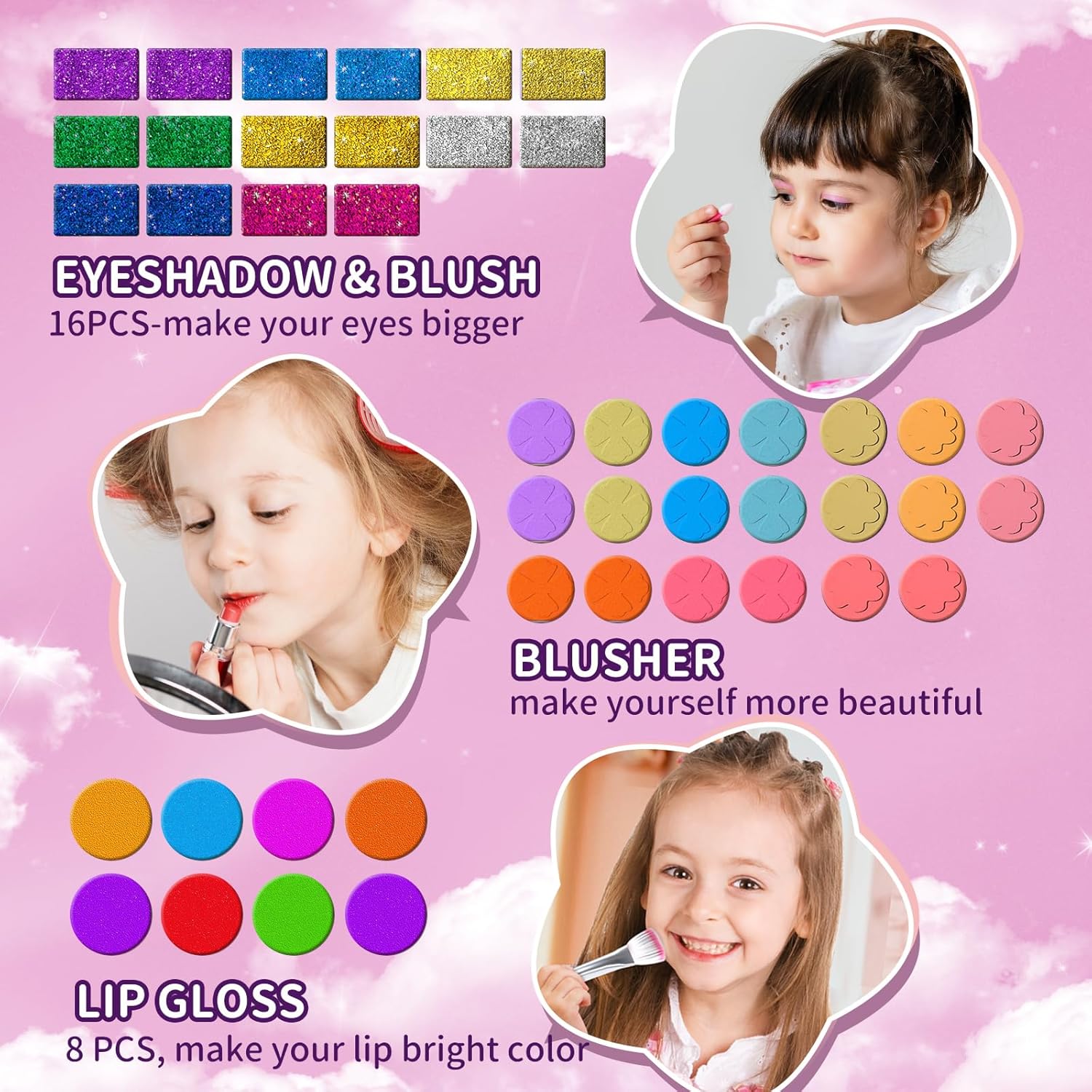 TEMI Kids Makeup Kit for Girl - 52 Pcs Pretend Makeup for Toddlers Kids, Girls Toys Washable Make Up, Non Toxic Toddlers Cosmetic for Little Girls, Princess Birthday Gift for Ages 3 4 5 6 7 8 Years-3