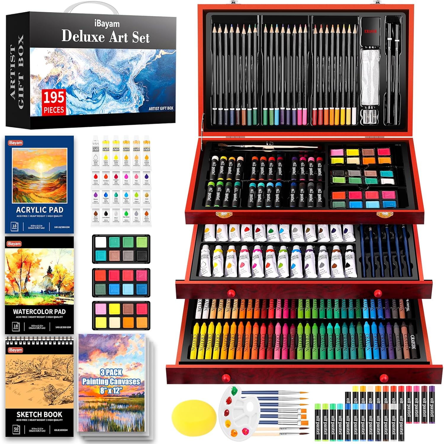 iBayam Deluxe Art Set, 195-Pack Artist Gift Box, Arts and Crafts Drawing Painting Kit Art Supplies for Adults Kids, Art Kits Paint Set with 24 Acrylic Paint, Sketchbook, Canvases, Crayons, Pencils-0