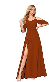 TIRAS Off The Shoulder Chiffon Bridesmaid Dress with Split Flowy A Line Pleats Bridesmaid Dress Long for Women CM216