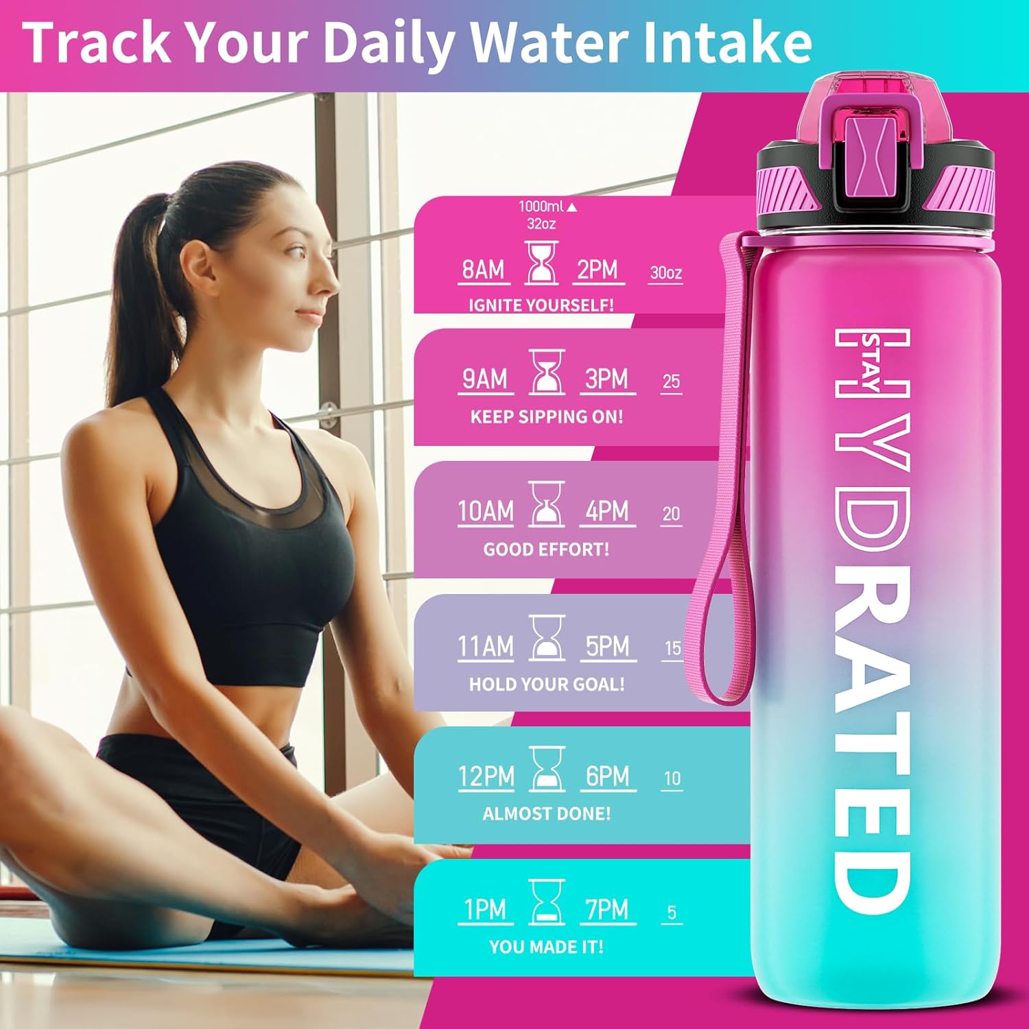 Water Bottle with Straw, 32oz Motivational Water Bottles with Time Marker to Drink, Tritan BPA Free, 1L Sports Water Bottle with Carry Strap LeakProof for Women Gym Fitness Outdoor (1 Pack)-1