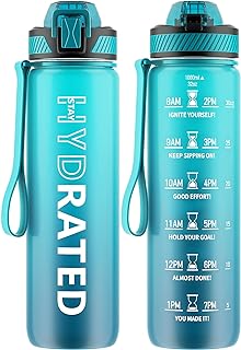 Water Bottle with Straw, 32oz Motivational Water Bottles with Time Marker to Drink, Tritan BPA Free, 1L Sports Water Bottle with Carry Strap LeakProof for Women Gym Fitness Outdoor (1 Pack)